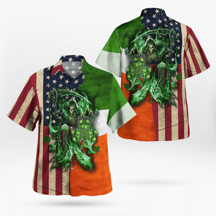 St. Patrick’S Day Hawaiian Shirt, Irish Grim Reaper Irish Flag And American Flag Hawaii Shirt