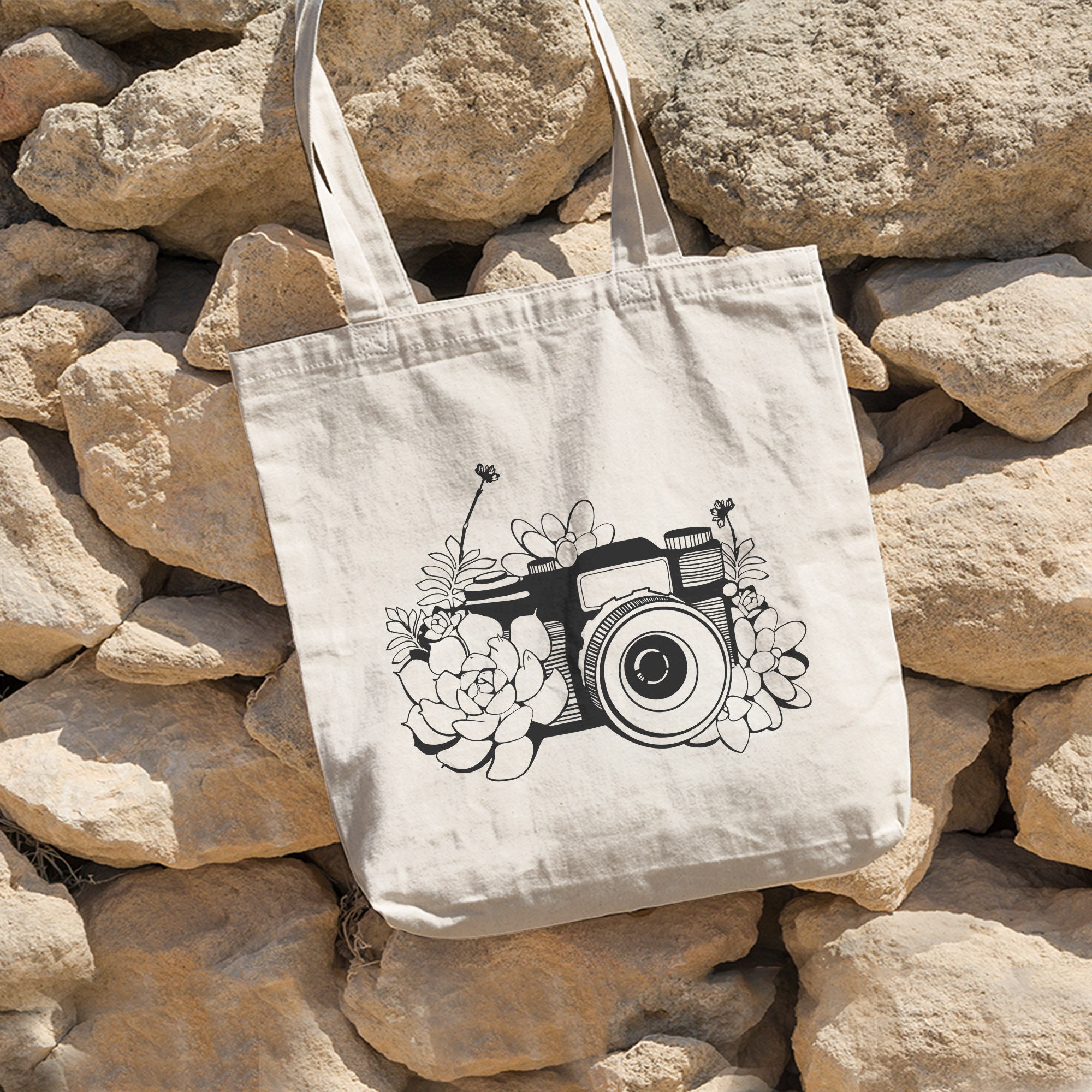 Camera Flower Tote Bag, Photographer Tote Bag, Floral Tote Bag Canvas, Shopping Eco Bag, Eco-Friendly Canvas Tote Bag, Shoulder Bag Gift