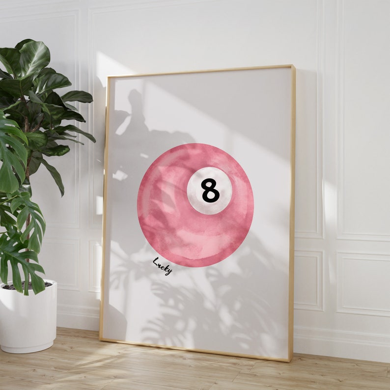 Vintage Pool Ball Print, Lucky 8 Ball Wall Art, Retro Hand Drawn Poster, Pink Pool Ball Poster, Trendy Digital Art Prints, Printable Poster