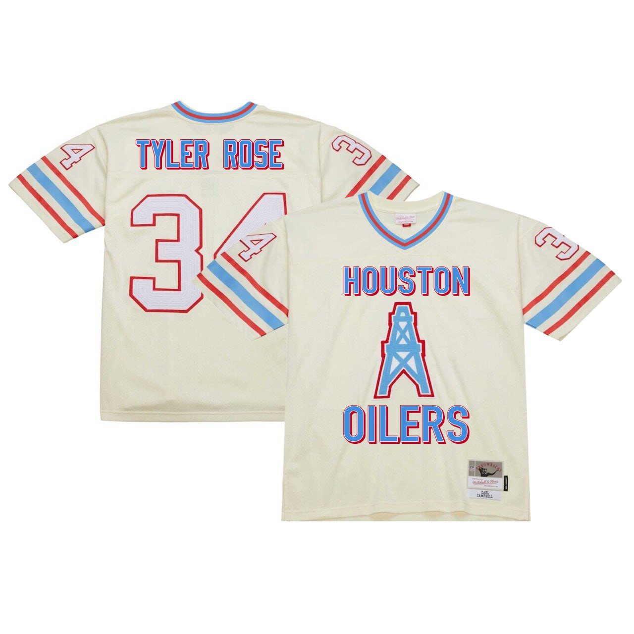 Tyler Rose #34 Mitchell & Ness Cream Houston Oilers Legacy Jersey – All Stitched