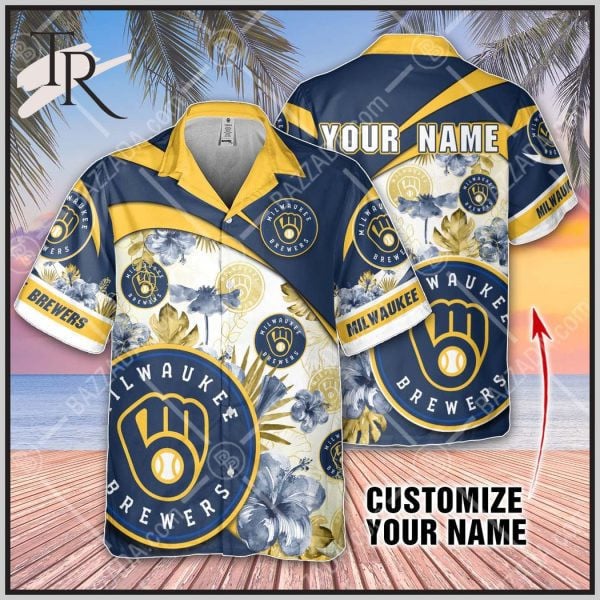Custom Name Mlb Milwaukee Brewers Navy And Yellow 3D Hawaiian Shirt