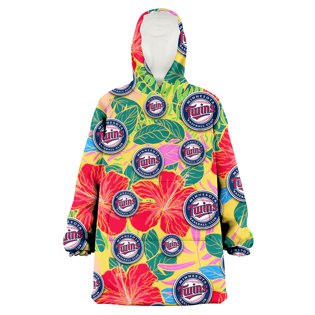 Minnesota Twins Red Hibiscus Green Blue Leaf Yellow Background 3D Printed Hoodie Blanket Snug Hoodie