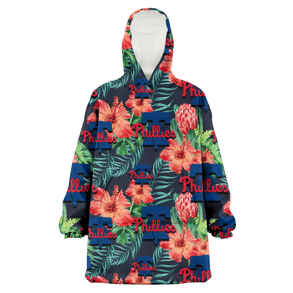 Philadelphia Phillies Orange Hibiscus Green Tropical Leaf Dark Background 3D Printed Hoodie Blanket Snug Hoodie