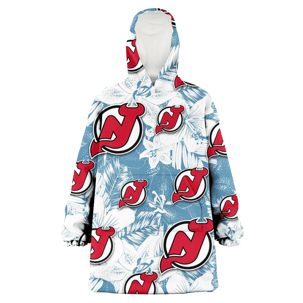 New Jersey Devils White Hibiscus Orchid Light Blue Background 3D Printed Hoodie Blanket Snug Hoodie