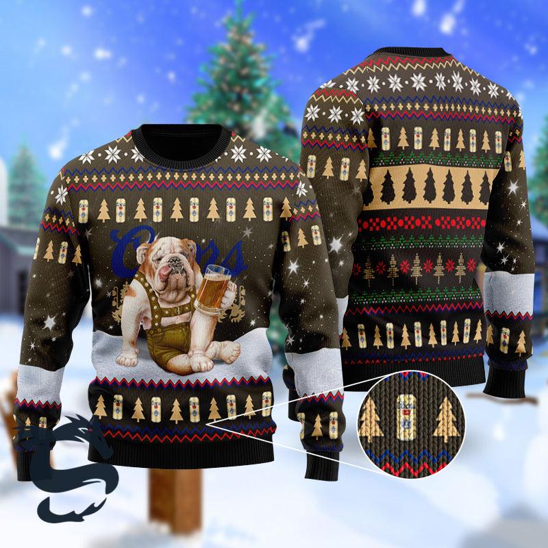 Bulldog Drink Coors Banquet Beer Christmas Ugly Sweater