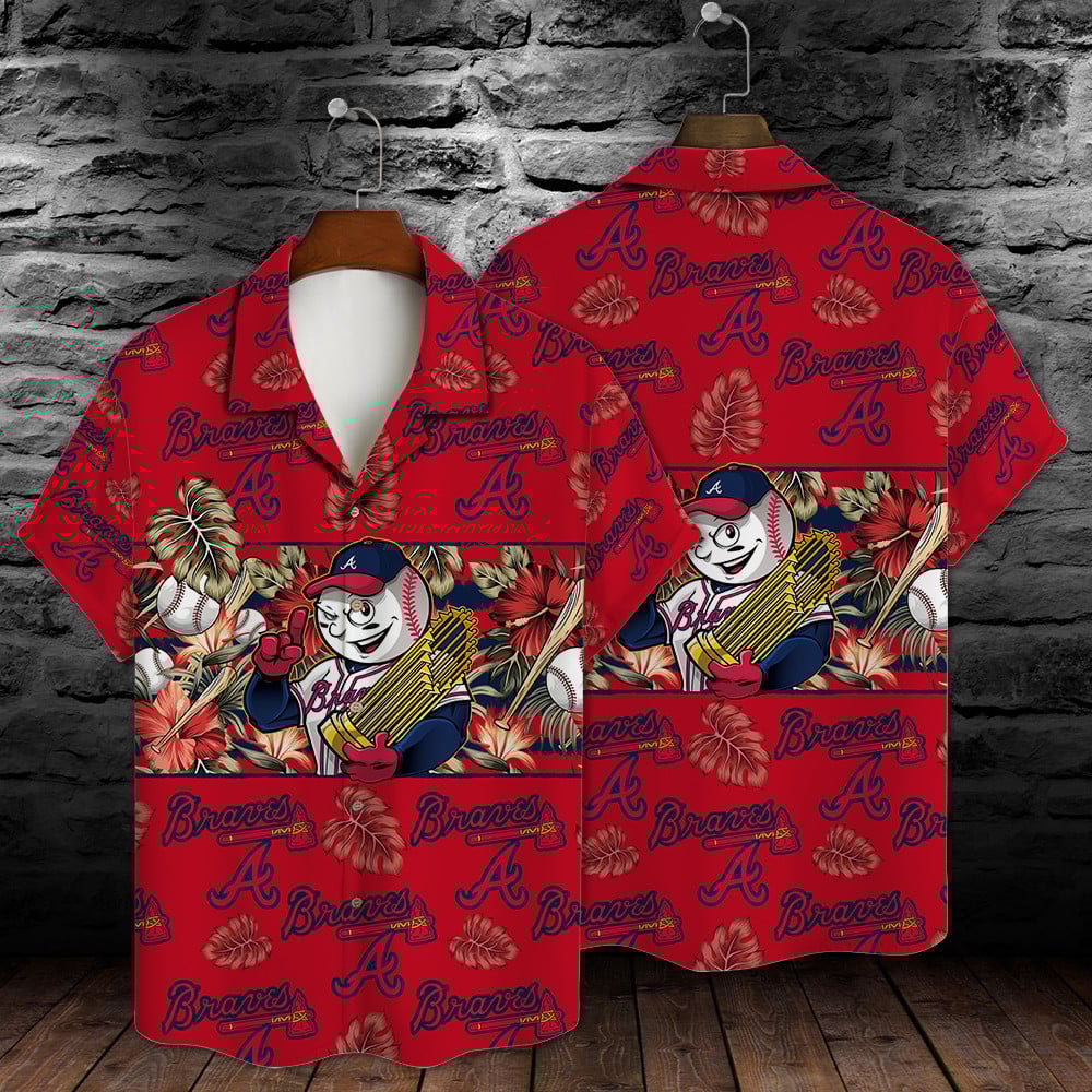 Atlanta Braves Mascot And Leaves Tropical Pattern Hawaiian Shirt