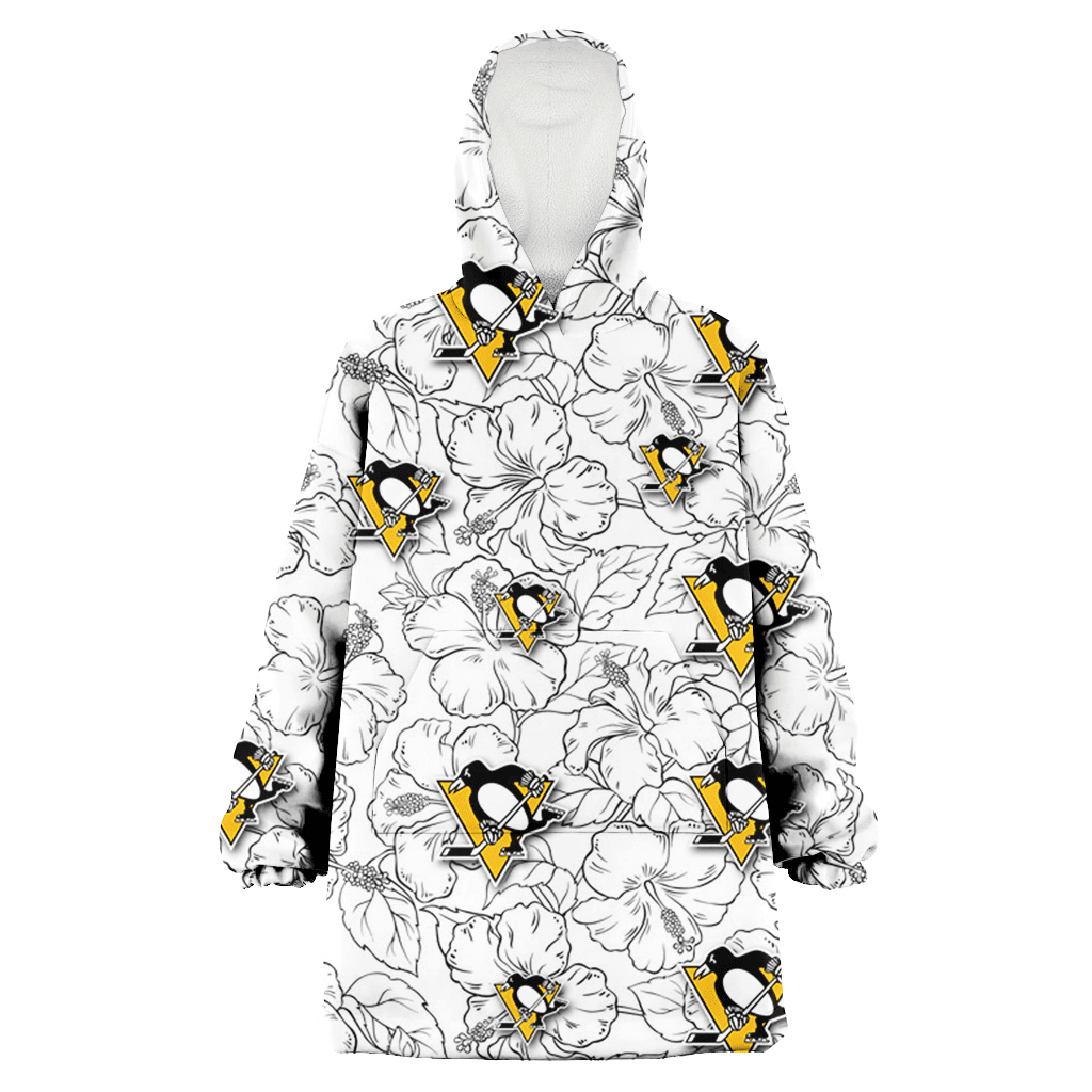 Pittsburgh Penguins White Sketch Hibiscus Pattern White Background 3D Printed Hoodie Blanket Snug Hoodie