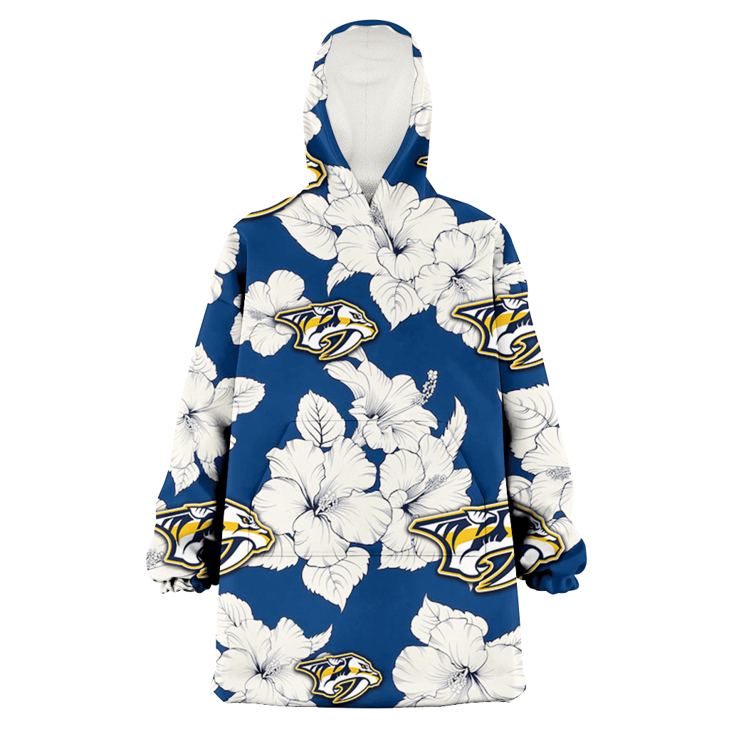 Nashville Predators White Big Hibiscus Blue Background 3D Printed Hoodie Blanket Snug Hoodie