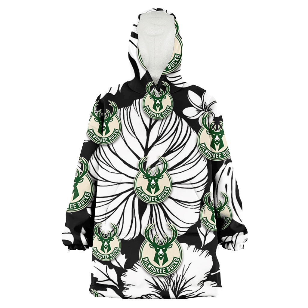 Milwaukee Bucks White Hibiscus Porcelain Flower Palm Leaf Black 3D Printed Hoodie Blanket Snug Hoodie