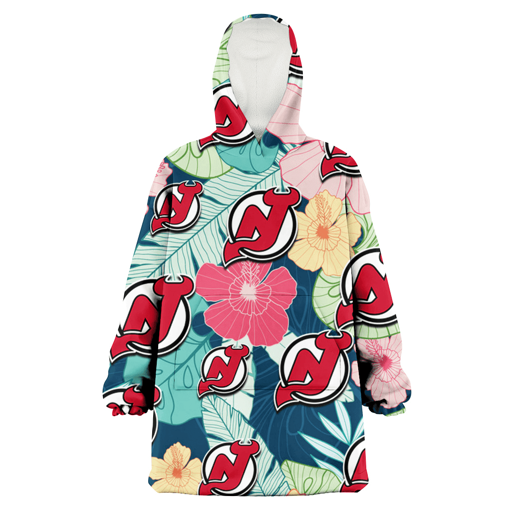 New Jersey Devils Colorful Sketch Hibiscus Dark Green Background 3D Printed Hoodie Blanket Snug Hoodie