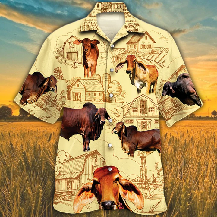 Farm Cow Short Sleeve Hawaiian Aloha Shirt For Men Women, Red Angus Cattle Lovers Farm Hawaiian Shirt