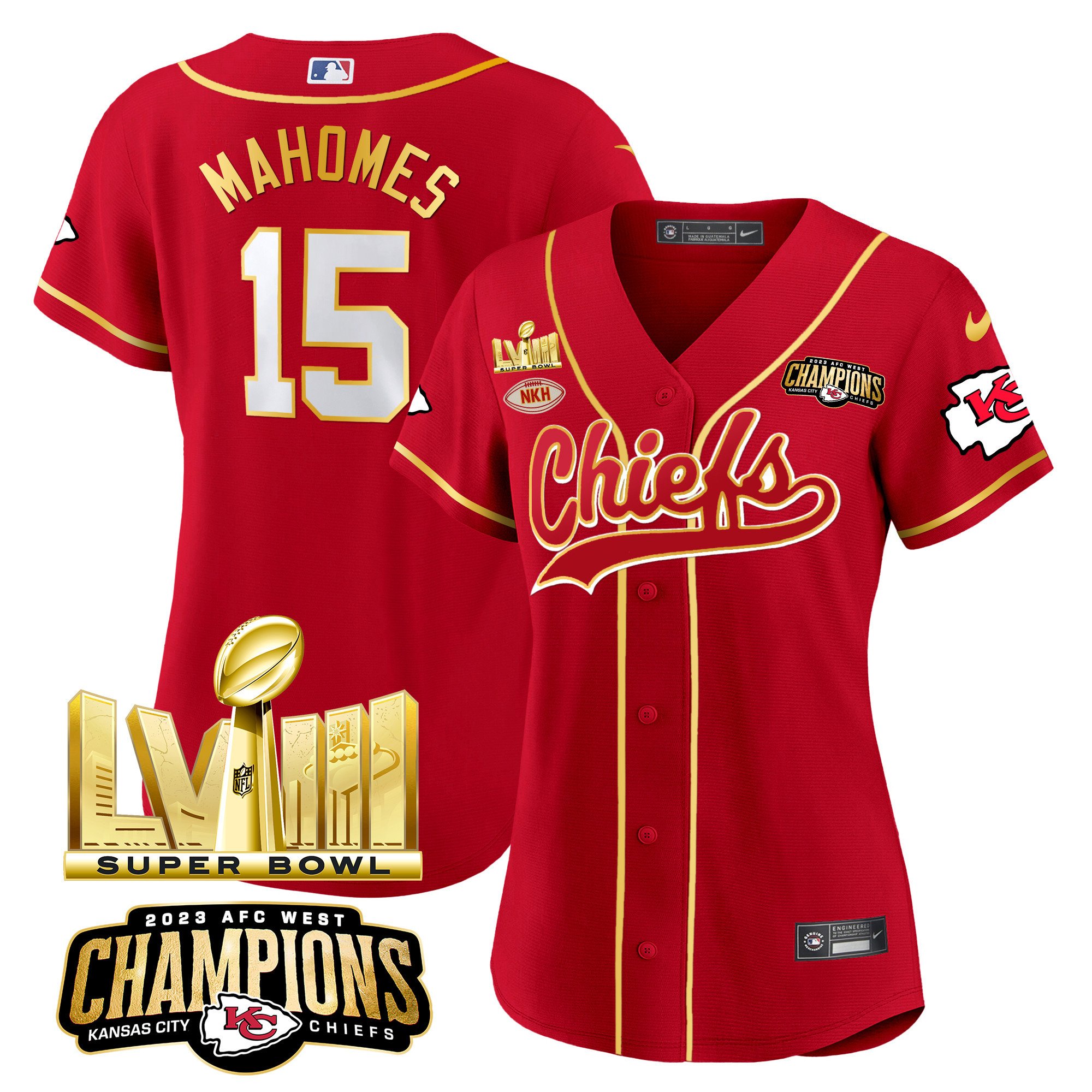 Women’S Chiefs Afc West Champions & Super Bowl Lviii Gold Patch Baseball Jersey – All Stitched