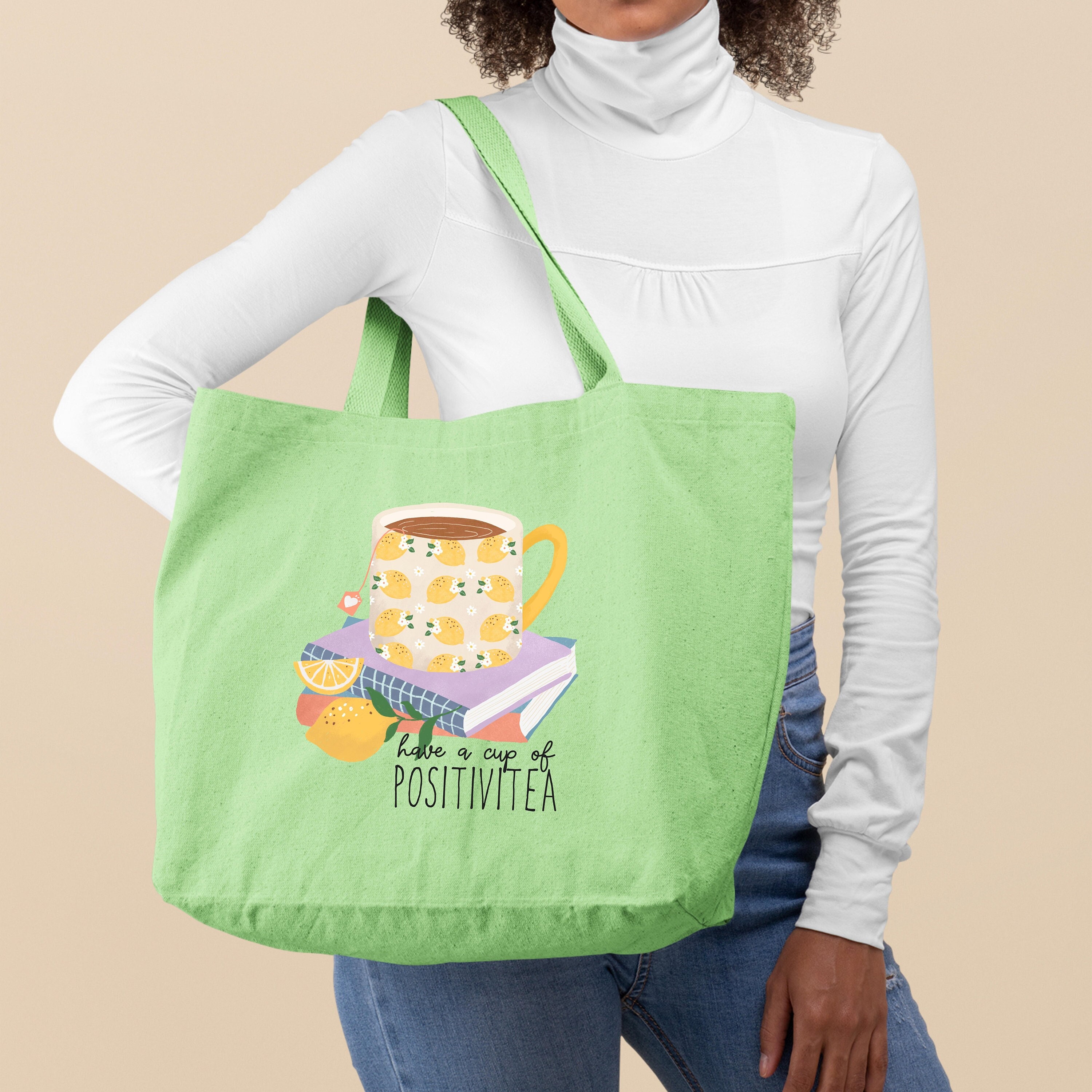 Tea Addict Tote Bag, Have A Cup Of Positivitea Tote Bag, Unique Gift for Tea Lovers, Teacher Bag, Drink Tea Tote Bag, Women Shoulder Bag