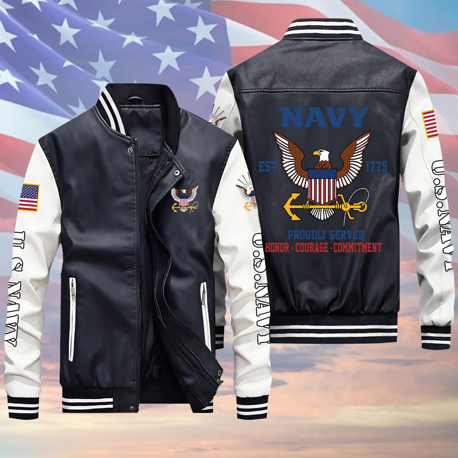 U.S Navy Veteran Proud V2 Black Winter Gear Leather Bomber Leterman Varsity Jacket