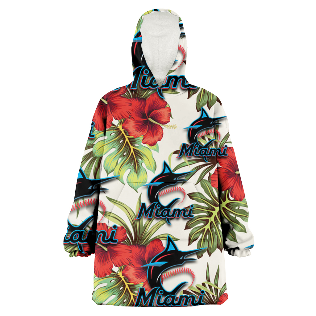 Miami Marlins Red Hibiscus Green Tropical Leaf Cream Background 3D Printed Hoodie Blanket Snug Hoodie