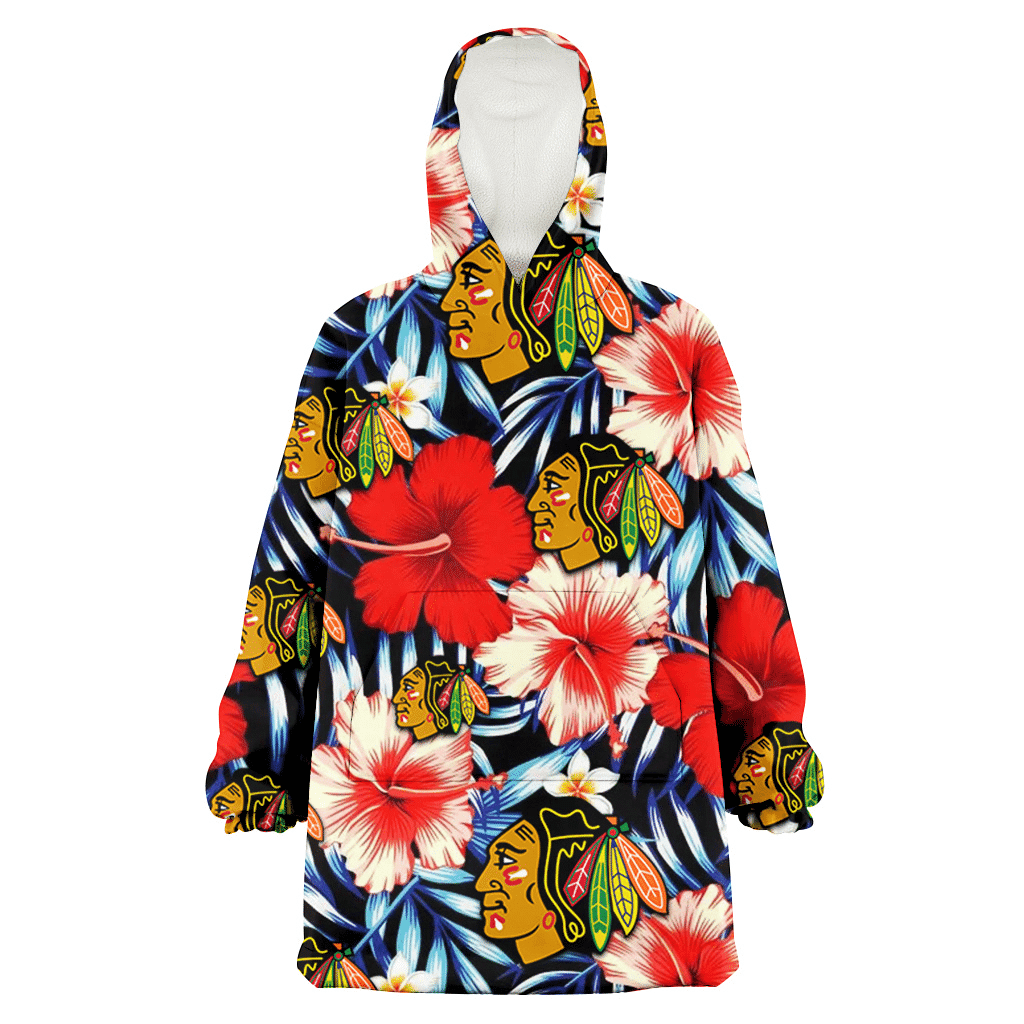 Chicago Blackhawks Coral Red Hibiscus Blue Palm Leaf Black Background 3D Printed Hoodie Blanket Snug Hoodie