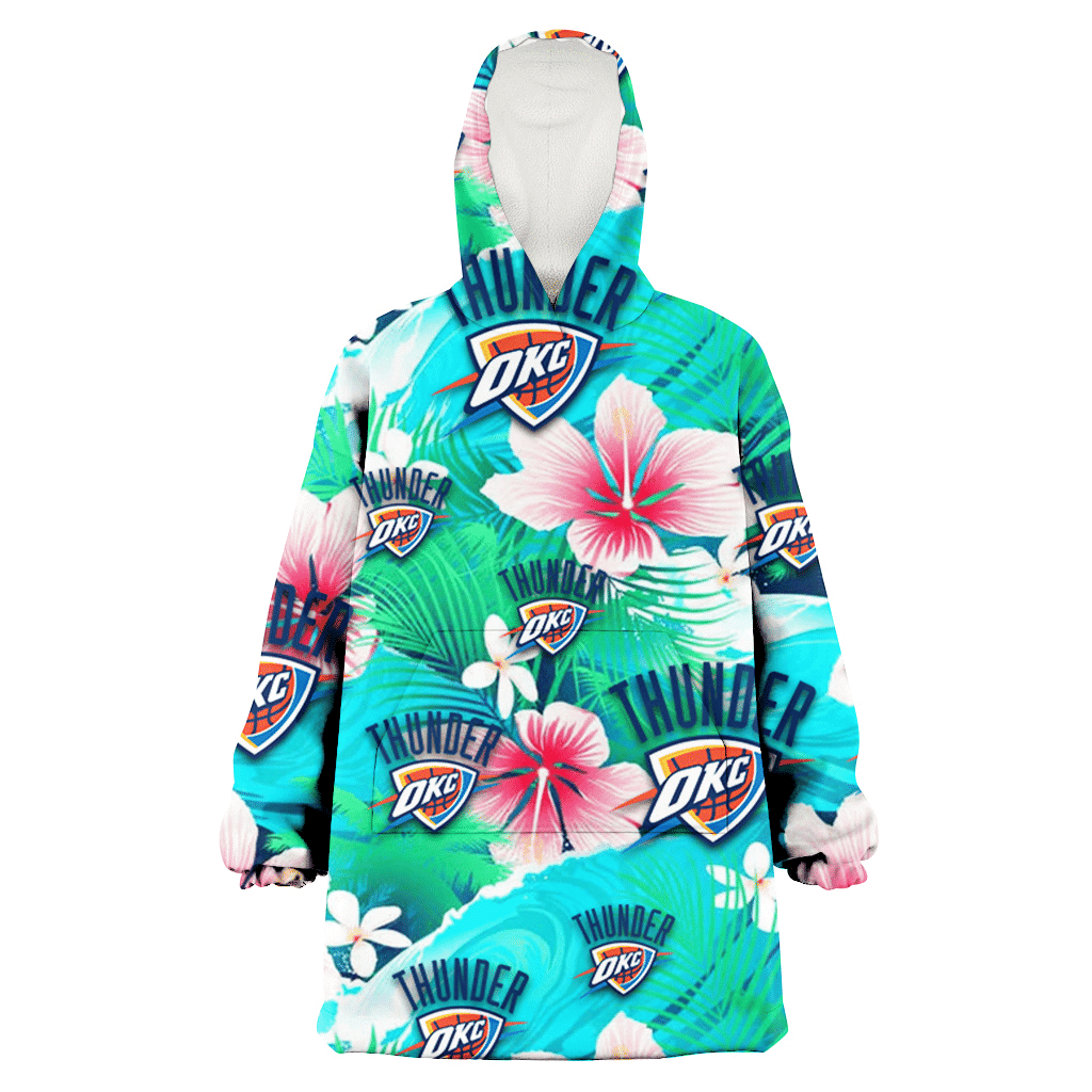 Oklahoma City Thunder Pink Hibiscus Green Leaf Blue Background 3D Printed Hoodie Blanket Snug Hoodie