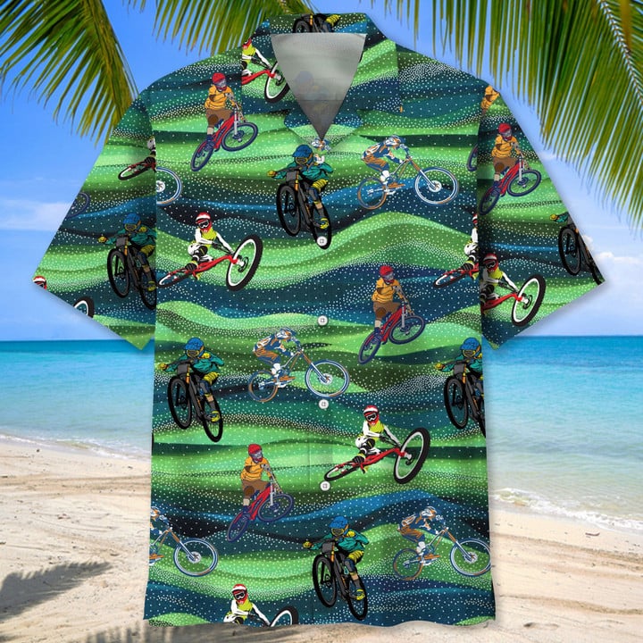 Mountain Bike Seamless Pattern Hawaiian Shirt, Men’S Unisex Summer Beach Casual Short Sleeve Summer Vacation Beach Shirts