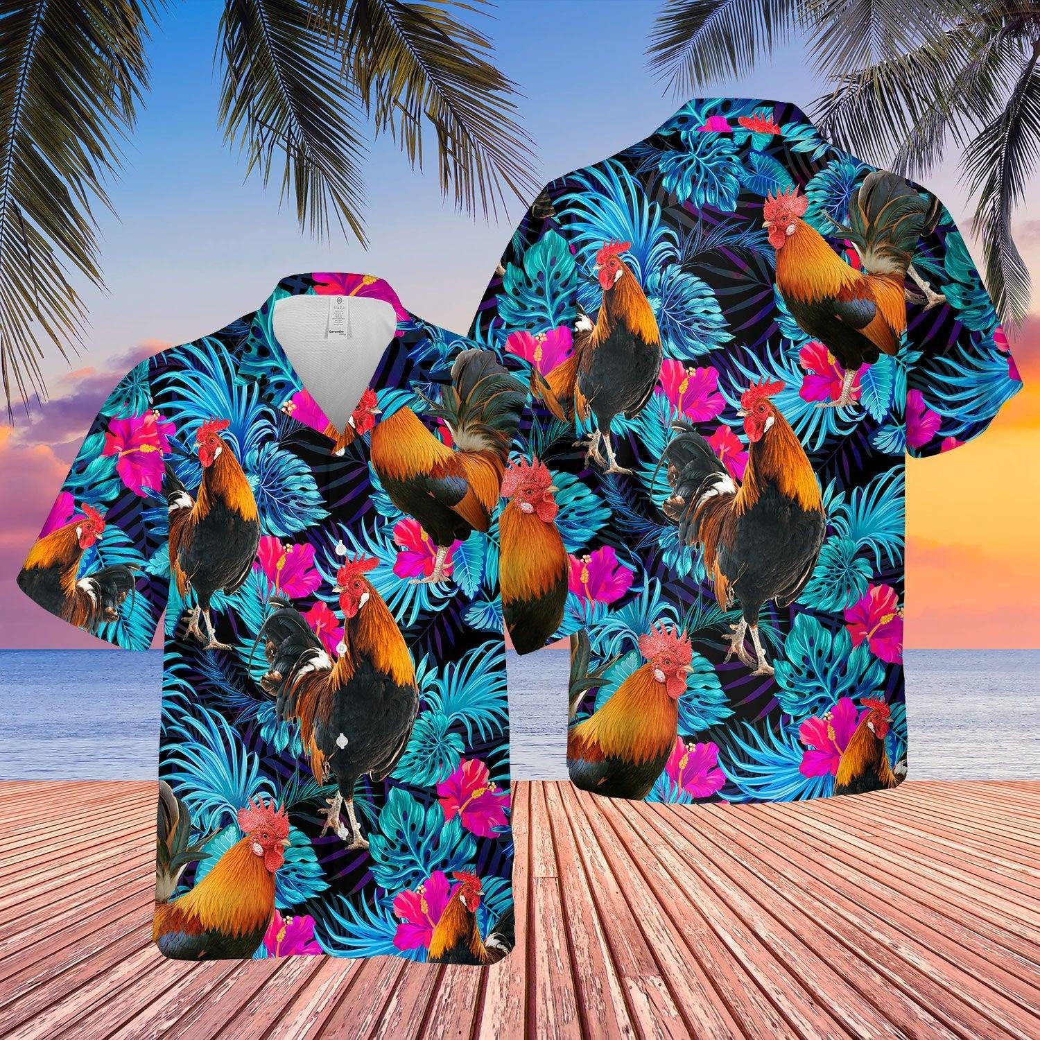 Rooster Blue Neon Tropical Hawaii Shirt Cattle Shirt Rooster Cattle Lovers Beach Summer 3D Hawaiian Shirt