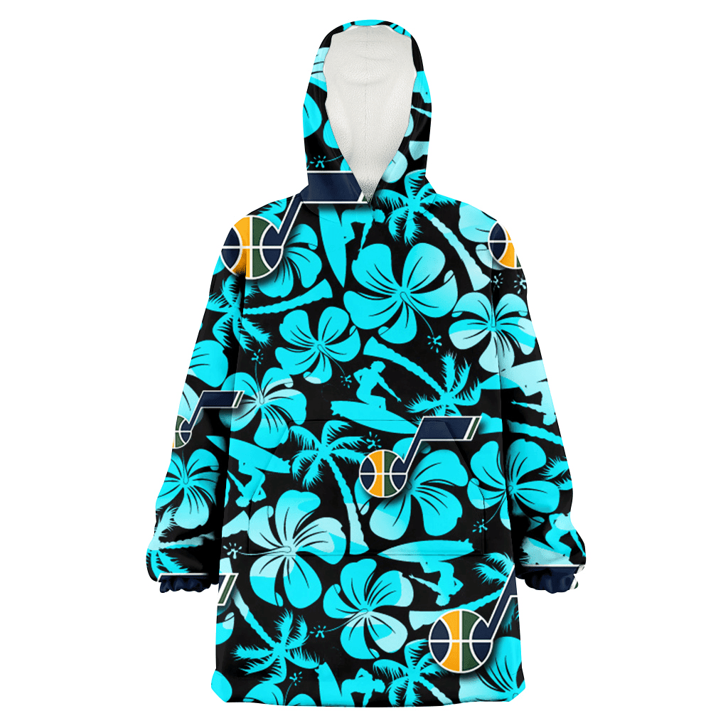 Utah Jazz Blue Hibiscus Blue Coconut Tree Black Background 3D Printed Hoodie Blanket Snug Hoodie