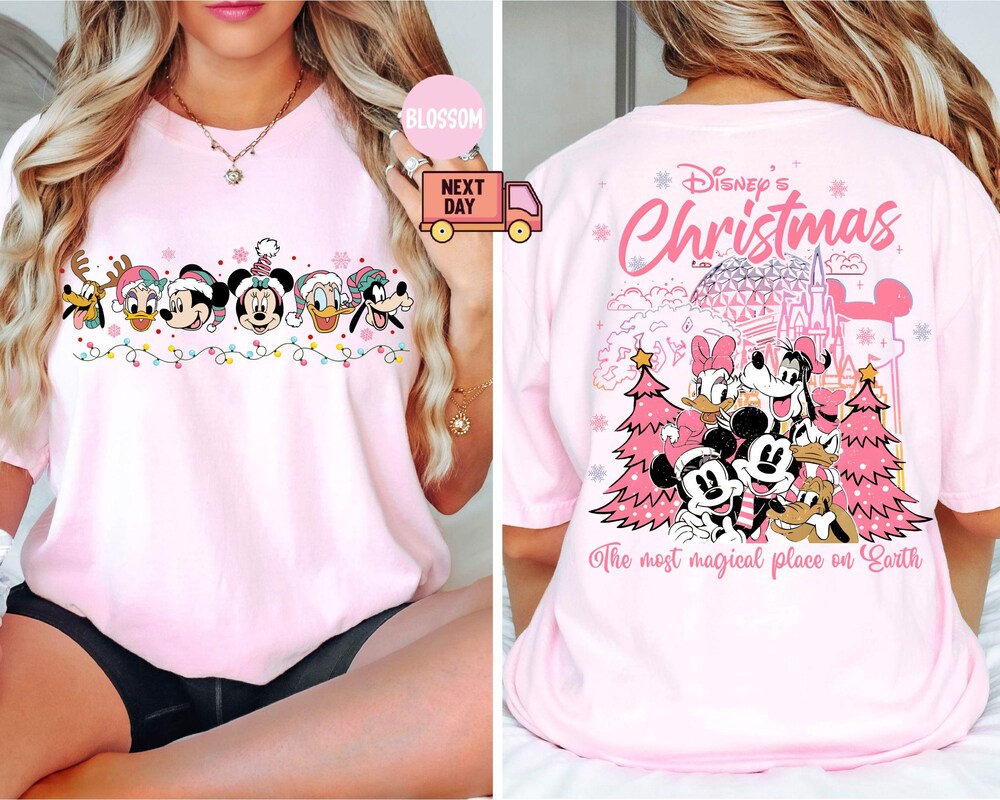 Comfort Colors® Retro 2-Sided Disney Christmas Pink Lights Shirt, Cute Mickey And Friends Xmas Tshirt, Disney Mickey'S Very Merry Christmas , Fall Outfit Ideas, New Arrival - Teecreations Fashion Funnykidshirts