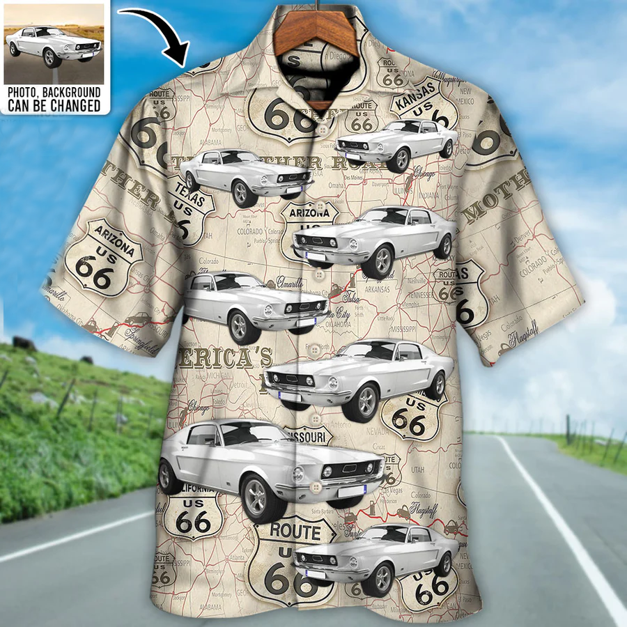 Route 66 Car Racing Car Lover Custom Photo – Hawaiian Shirt – Personalized Photo Gifts For Men