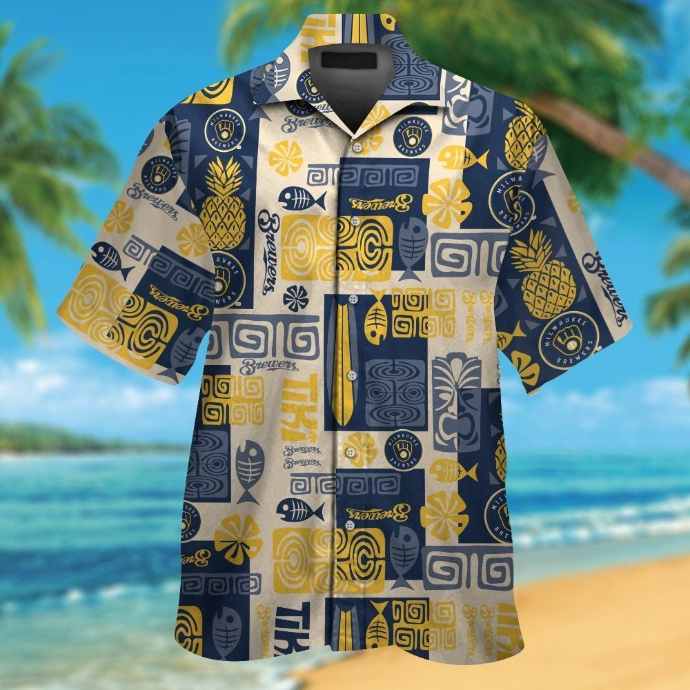 Milwaukee Brewers Short Sleeve Button Up Tropical Hawaiian Shirt Ver01