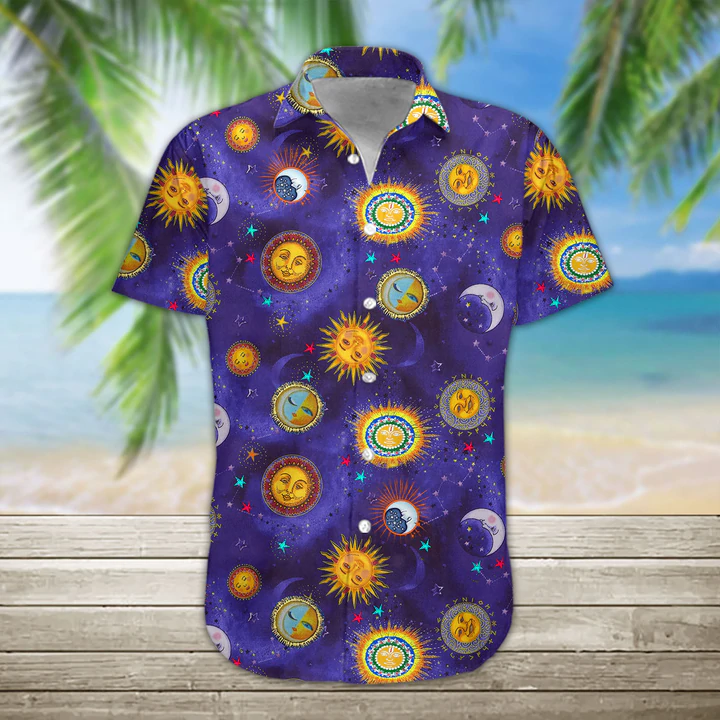 3D Sun And Moon Hippie Hawaii Shirt, Hawaiian Shirts For Men Print Button Down Shirt