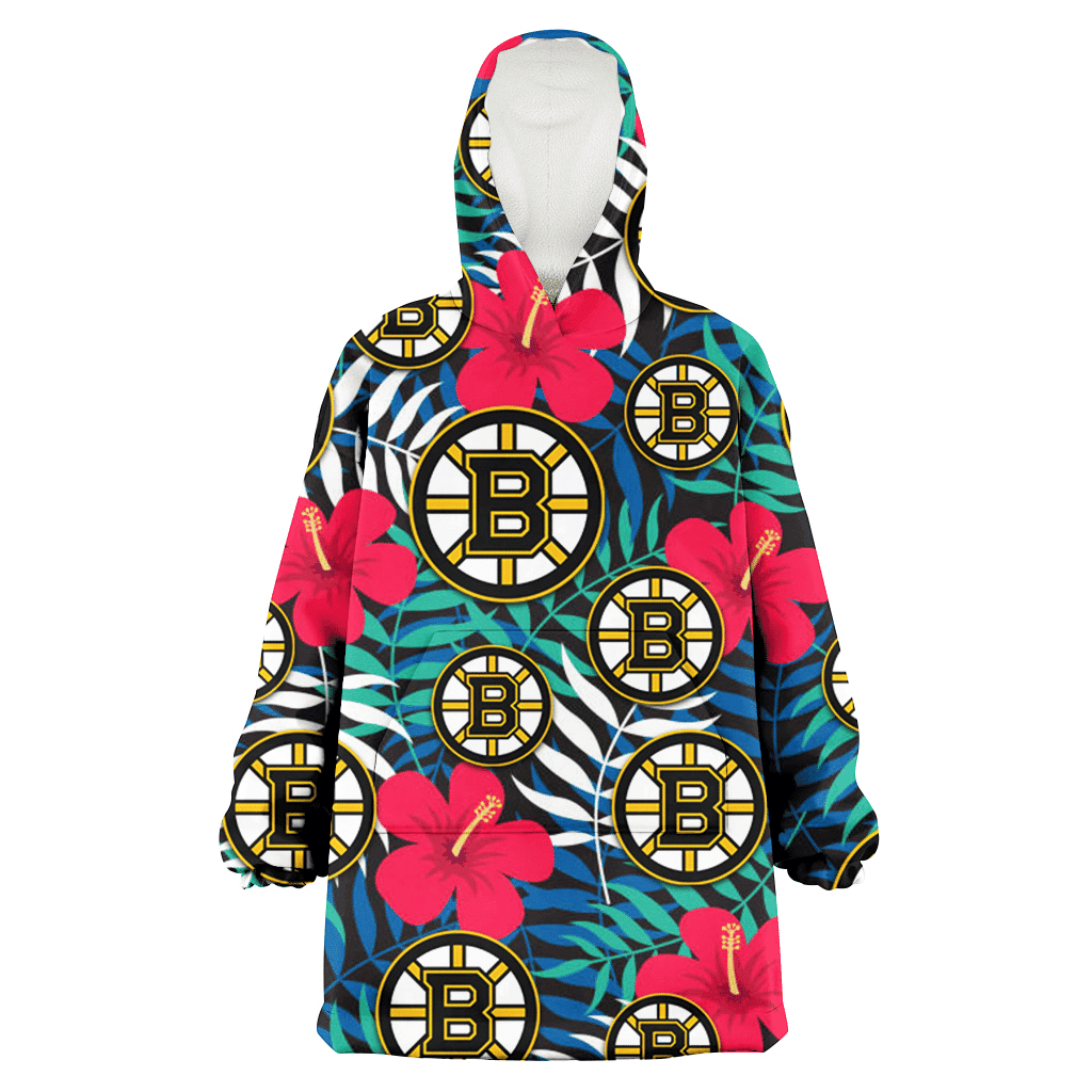 Boston Bruins Red Hibiscus Green Blue White Leaf Black Background 3D Printed Hoodie Blanket Snug Hoodie