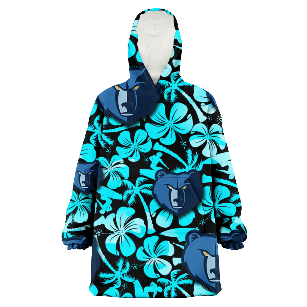 Memphis Grizzlies Blue Hibiscus Blue Coconut Tree Black Background 3D Printed Hoodie Blanket Snug Hoodie