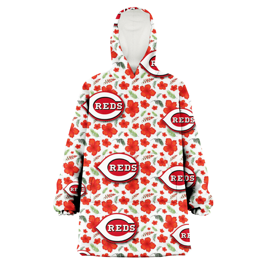 Cincinnati Reds Tiny Red Hibiscus Green Leaf White Cube Background 3D Printed Hoodie Blanket Snug Hoodie