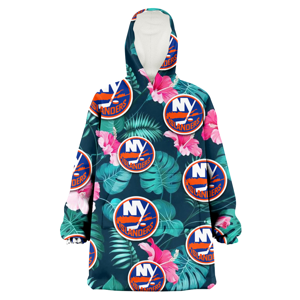 New York Islanders Pink Hibiscus Green Leaves Dark Background 3D Printed Hoodie Blanket Snug Hoodie