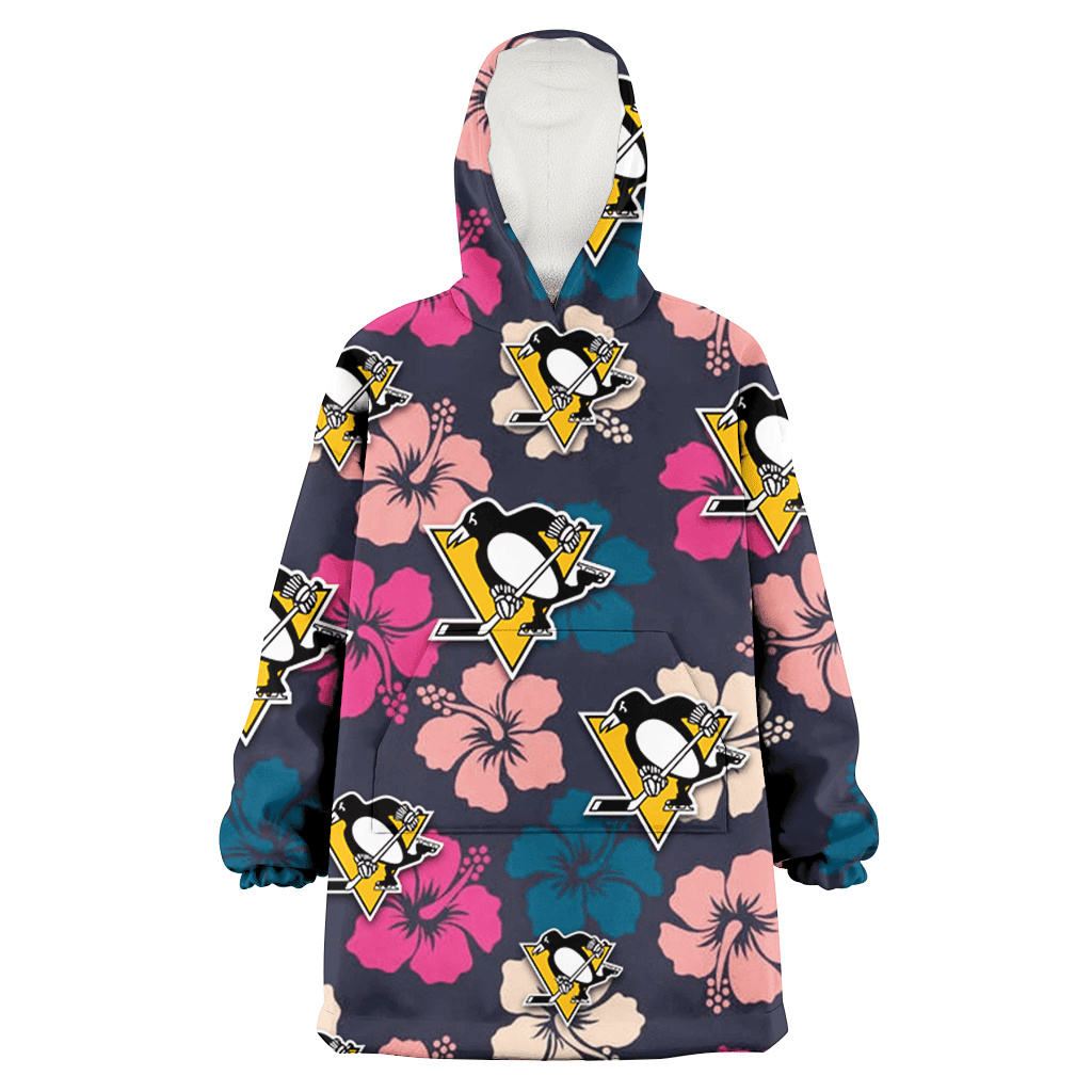 Pittsburgh Penguins Colorful Hibiscus Black Background 3D Printed Hoodie Blanket Snug Hoodie