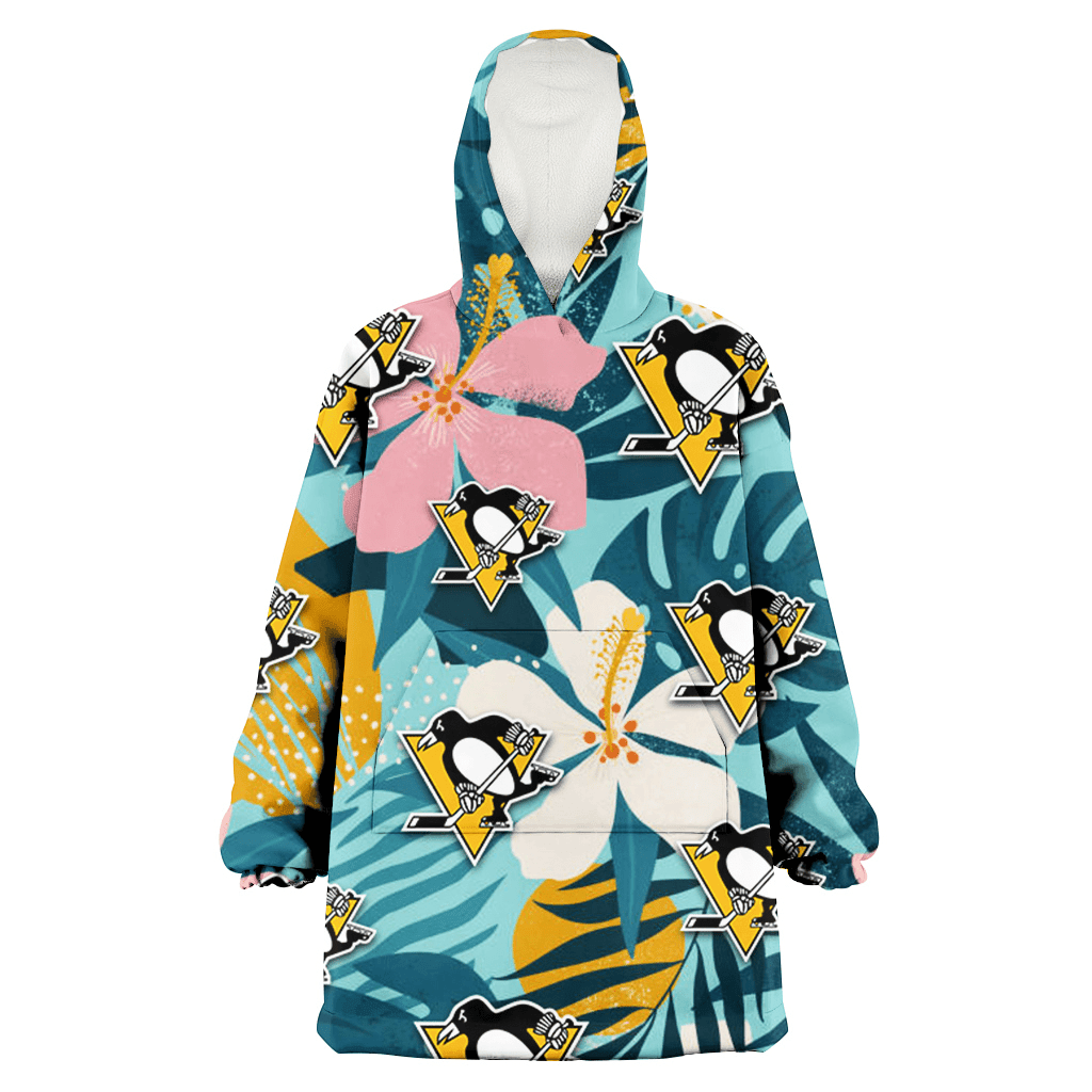 Pittsburgh Penguins Pastel Color Hibiscus Tropical Leaves Light Green Background 3D Printed Hoodie Blanket Snug Hoodie