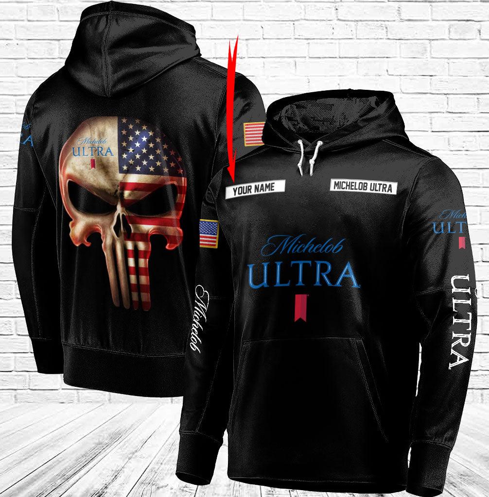 Personalized Black Usa Flag Skull Michelob Ultra Hoodie