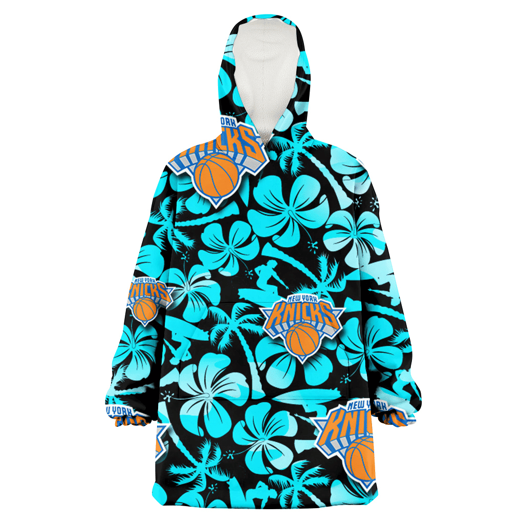 New York Knicks Blue Hibiscus Blue Coconut Tree Black Background 3D Printed Hoodie Blanket Snug Hoodie