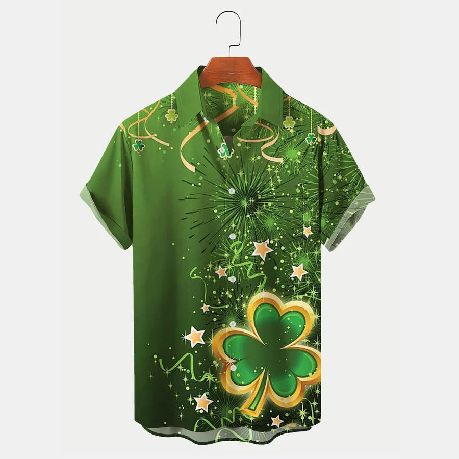 St. Patrick’S Day Shamrock Print Men’S Hawaiian Shirts Casual Comfortable Plus Size Shirts