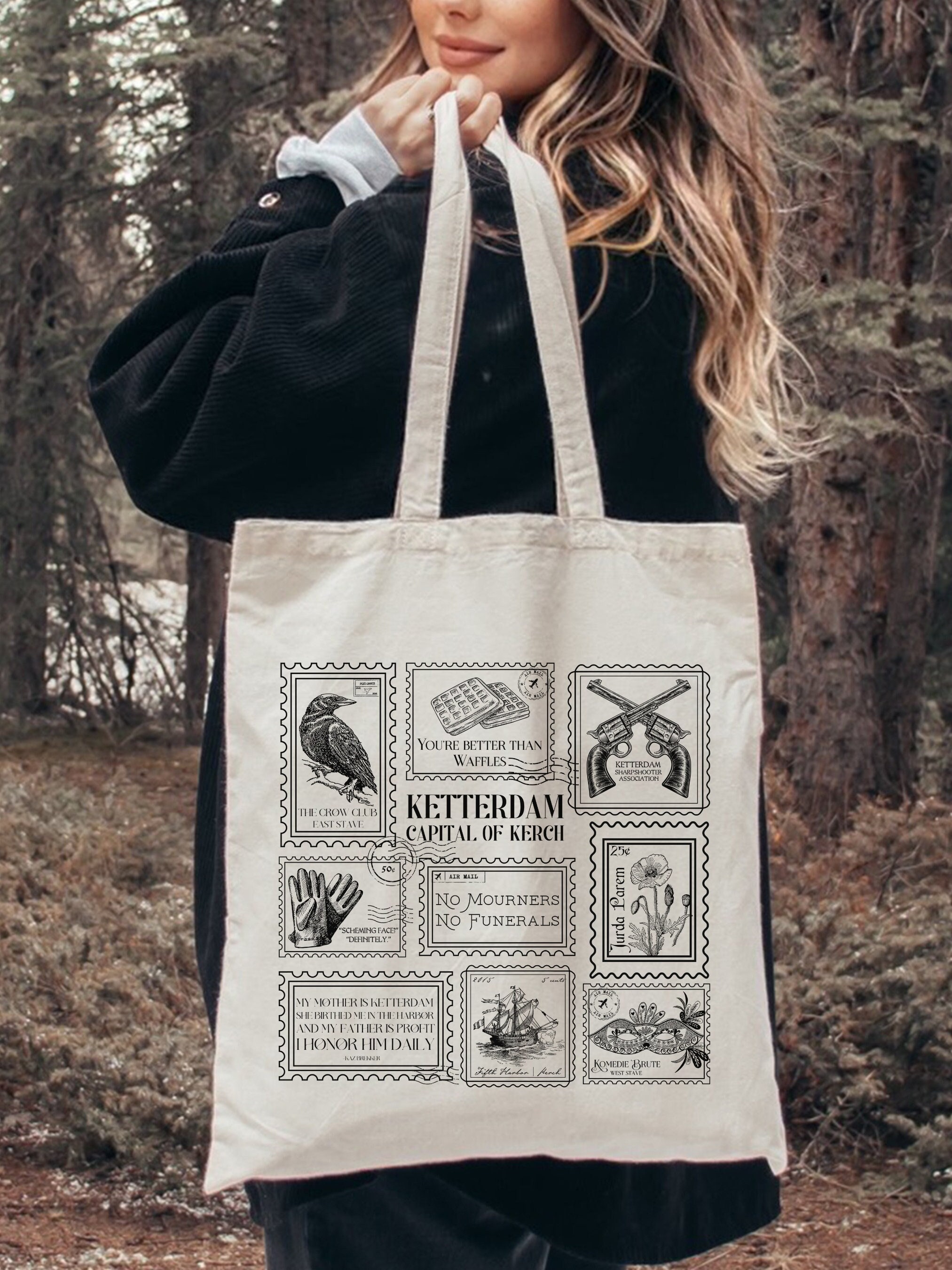 Six of Crows Stamp Collection Canvas Tote Bag * Crow Club Kaz Inej Jesper Greetings from Ketterdam Postcard Book Fandom Merch Bookish Gift