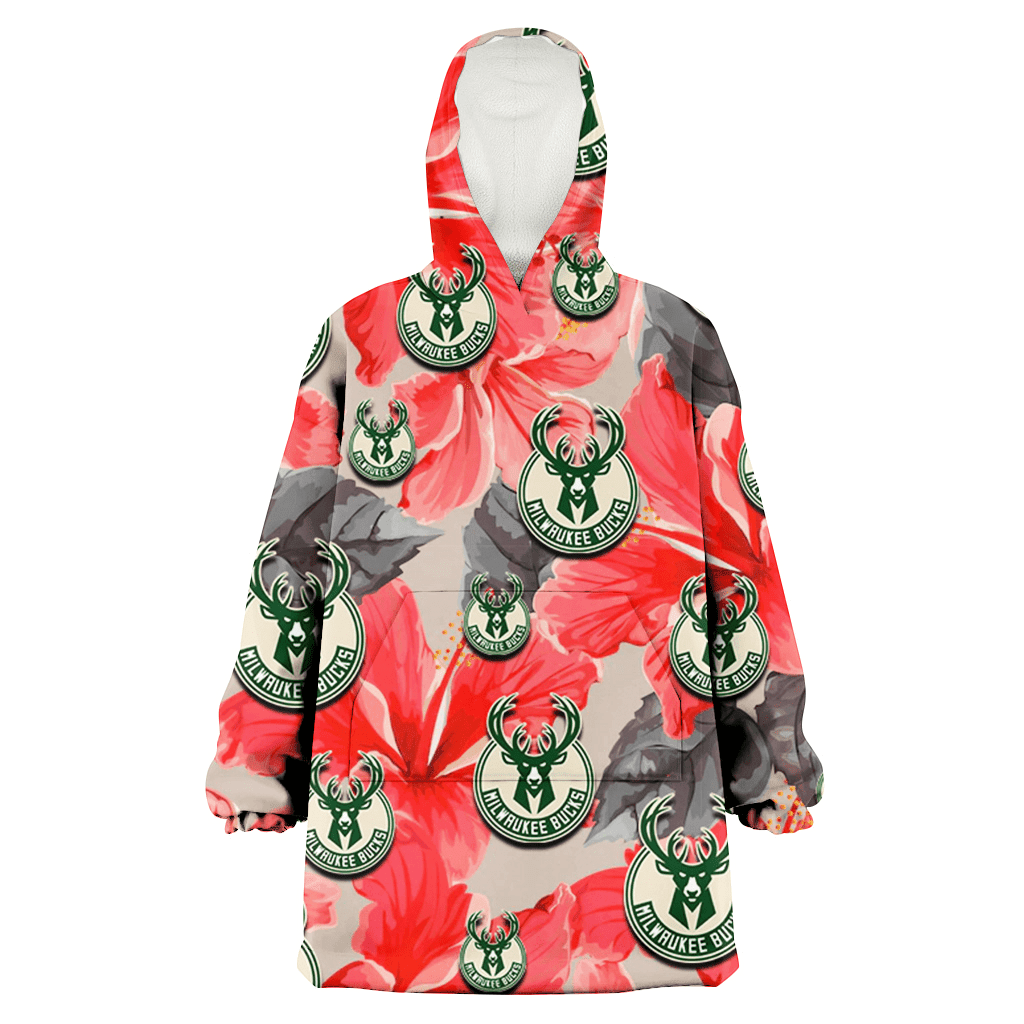 Milwaukee Bucks Red Hibiscus Gray Leaf Gainsboro Background 3D Printed Hoodie Blanket Snug Hoodie