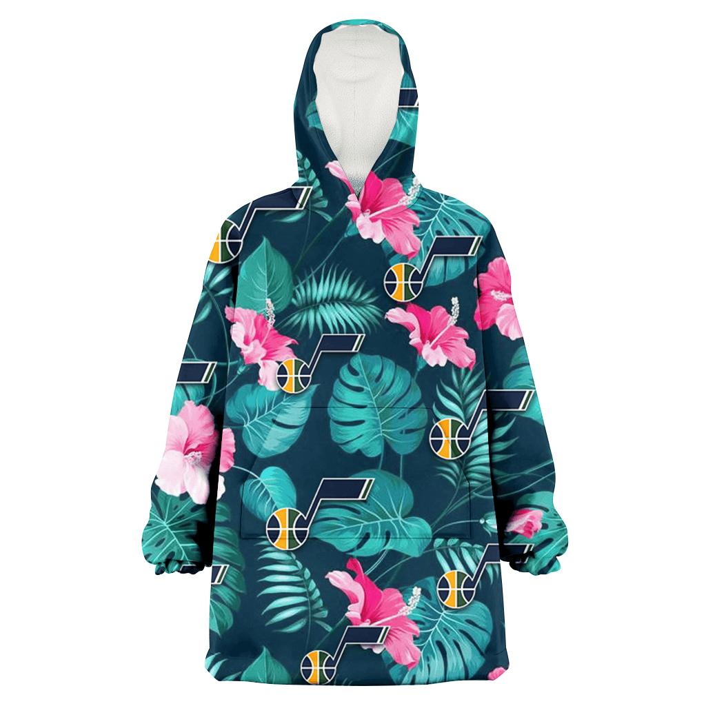 Utah Jazz Pink Hibiscus Green Leaves Dark Background 3D Printed Hoodie Blanket Snug Hoodie