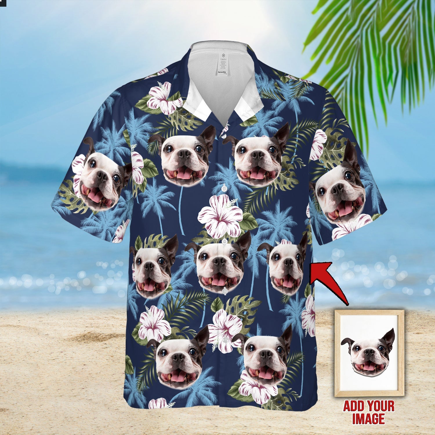 Custom Image Dog Blue Palm Tree And Flower Pattern Hawaiian Shirt, Gift For Dog Lovers