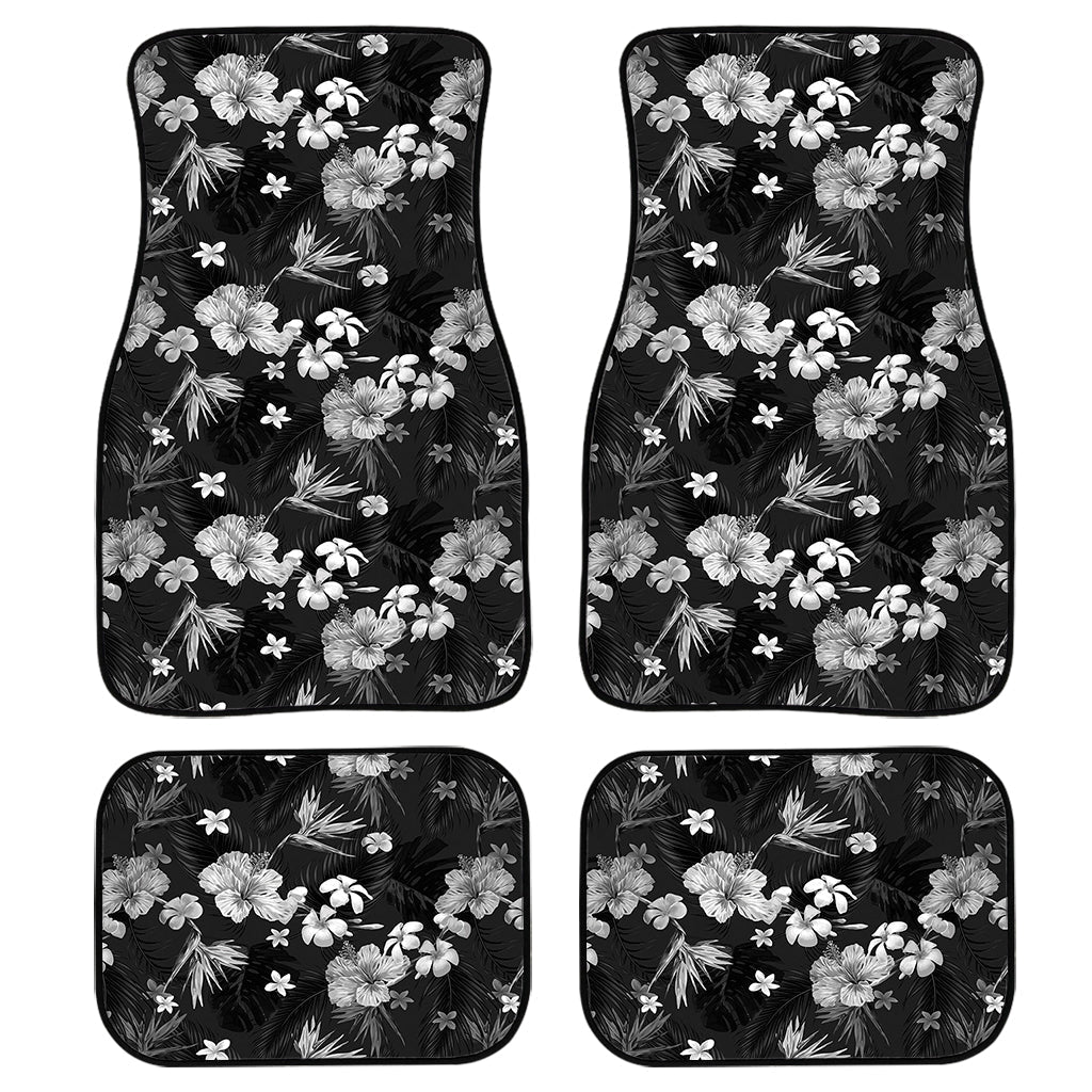 Monochrome Hawaiian Floral Print Front And Back Car Floor Mats, Front Car Mat