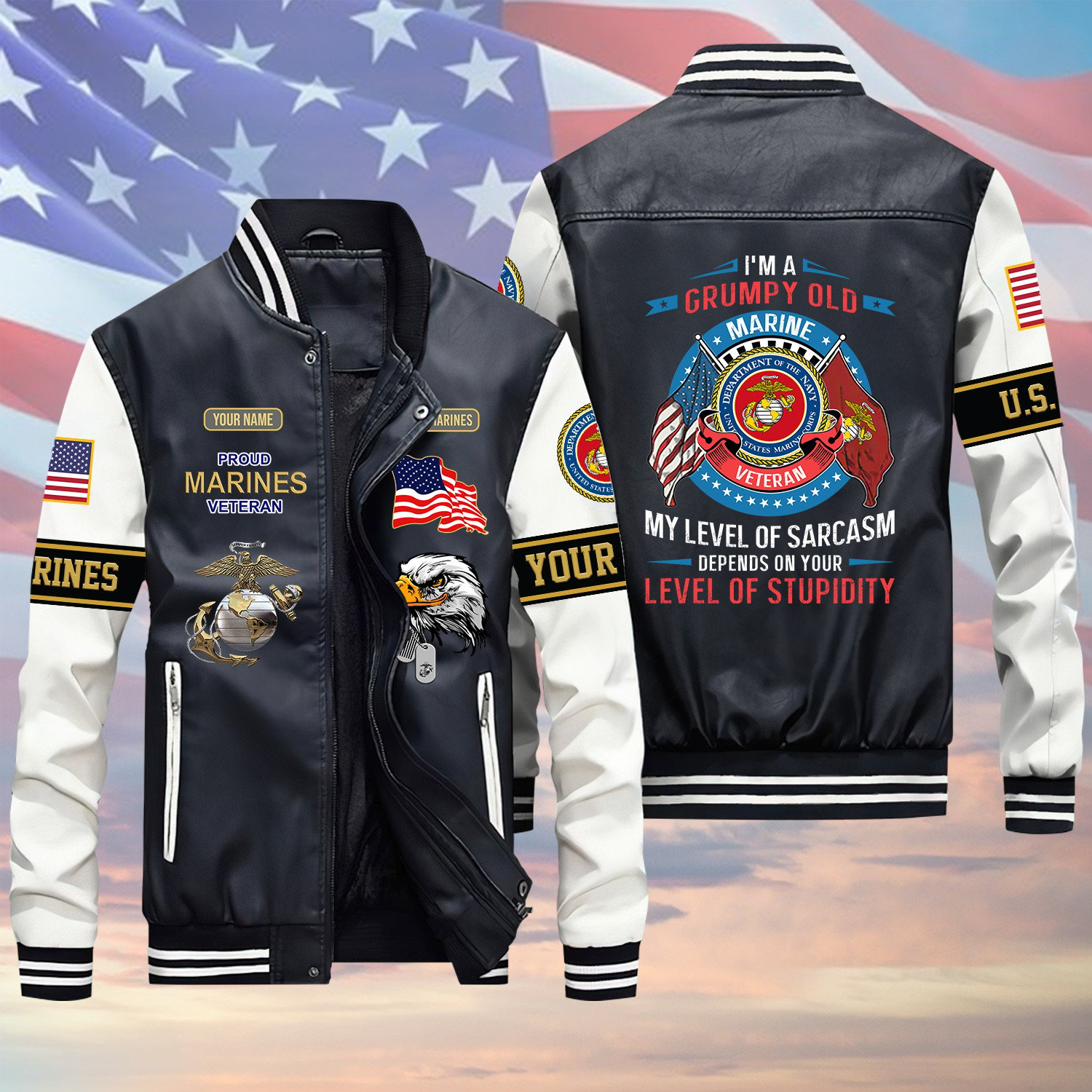 I’m A Grumpy Old Marine Veteran Proud Flag Green Winter Gear Leather Bomber Leterman Varsity Jacket