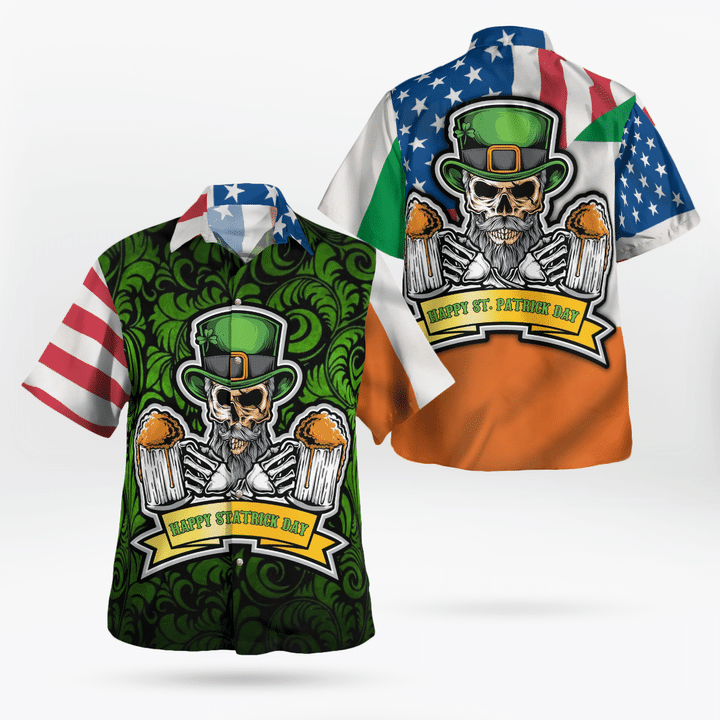 Hawaiian Aloha Shirts, American Irish Flag With Celtic Cross Drinking Skeleton Hawaii Shirt – Gift For Irish