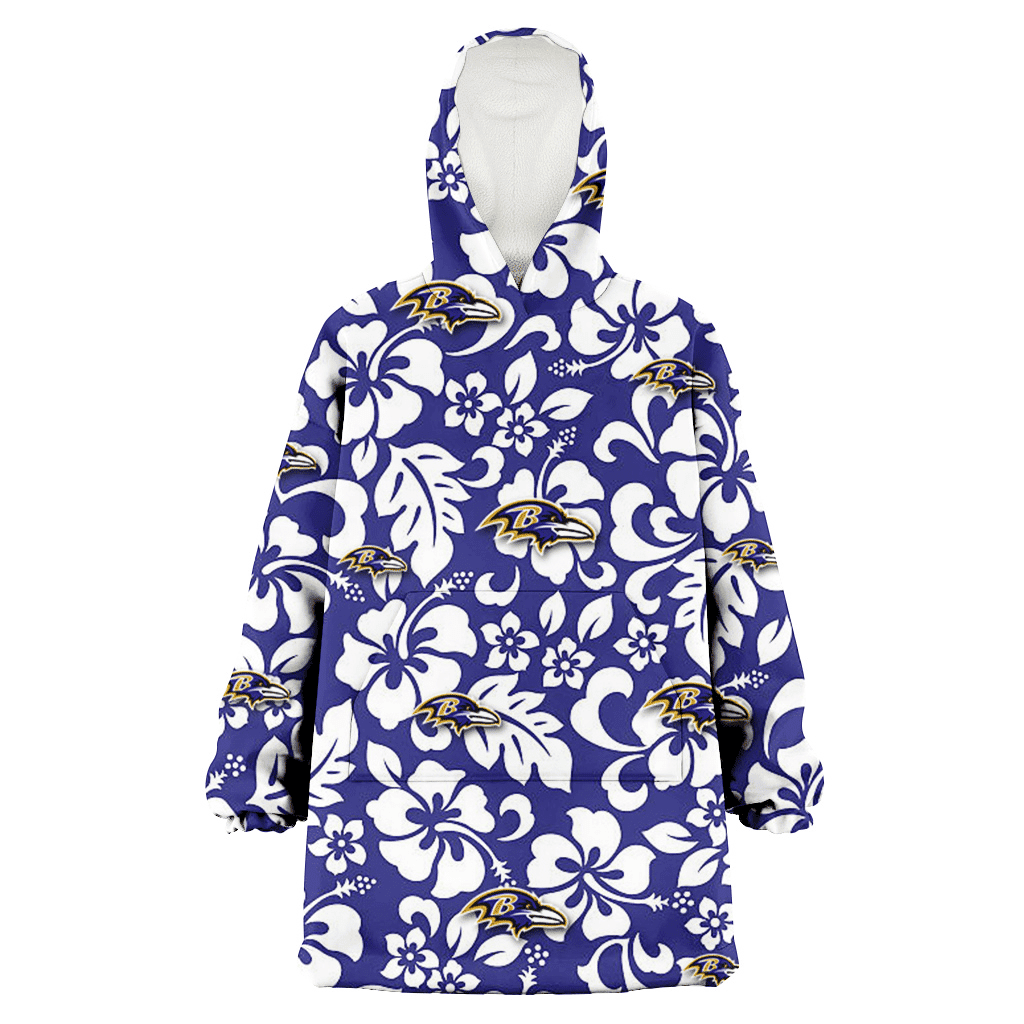 Baltimore Ravens White Hibiscus Pattern Slate Blue Background 3D Printed Hoodie Blanket Snug Hoodie