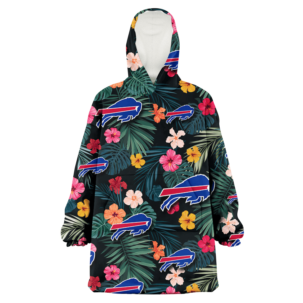 Buffalo Bills Pink Yellow Orange Hibiscus Big Tropical Leaf Black Background 3D Printed Hoodie Blanket Snug Hoodie