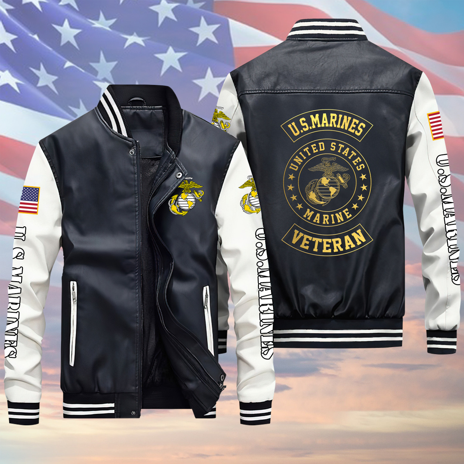 U.S Marine Veteran Proud Logo V1 Black Winter Gear Leather Bomber Leterman Varsity Jacket