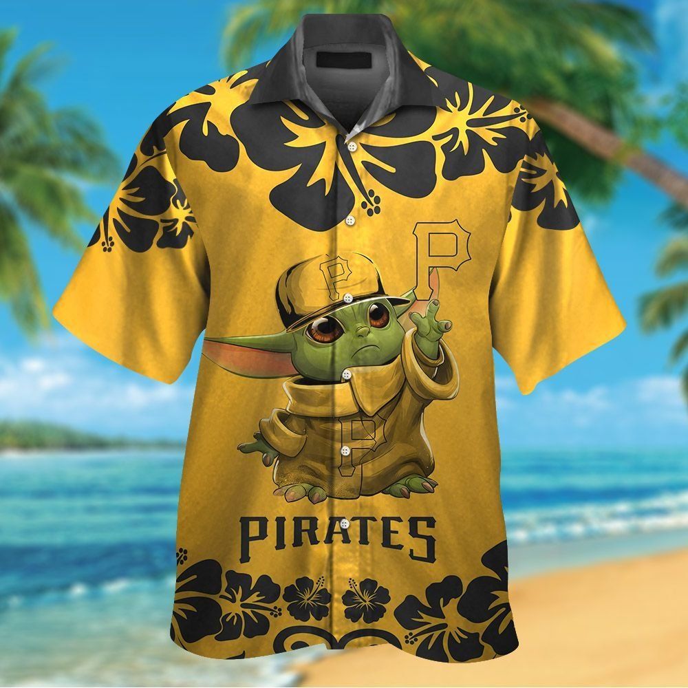 Pittsburg Pirates Baby Yoda Short Sleeve Button Up Tropical Hawaiian Shirt