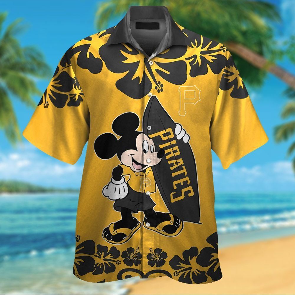 Pittsburg Pirates Mickey Mouse Short Sleeve Button Up Tropical Hawaiian Shirt