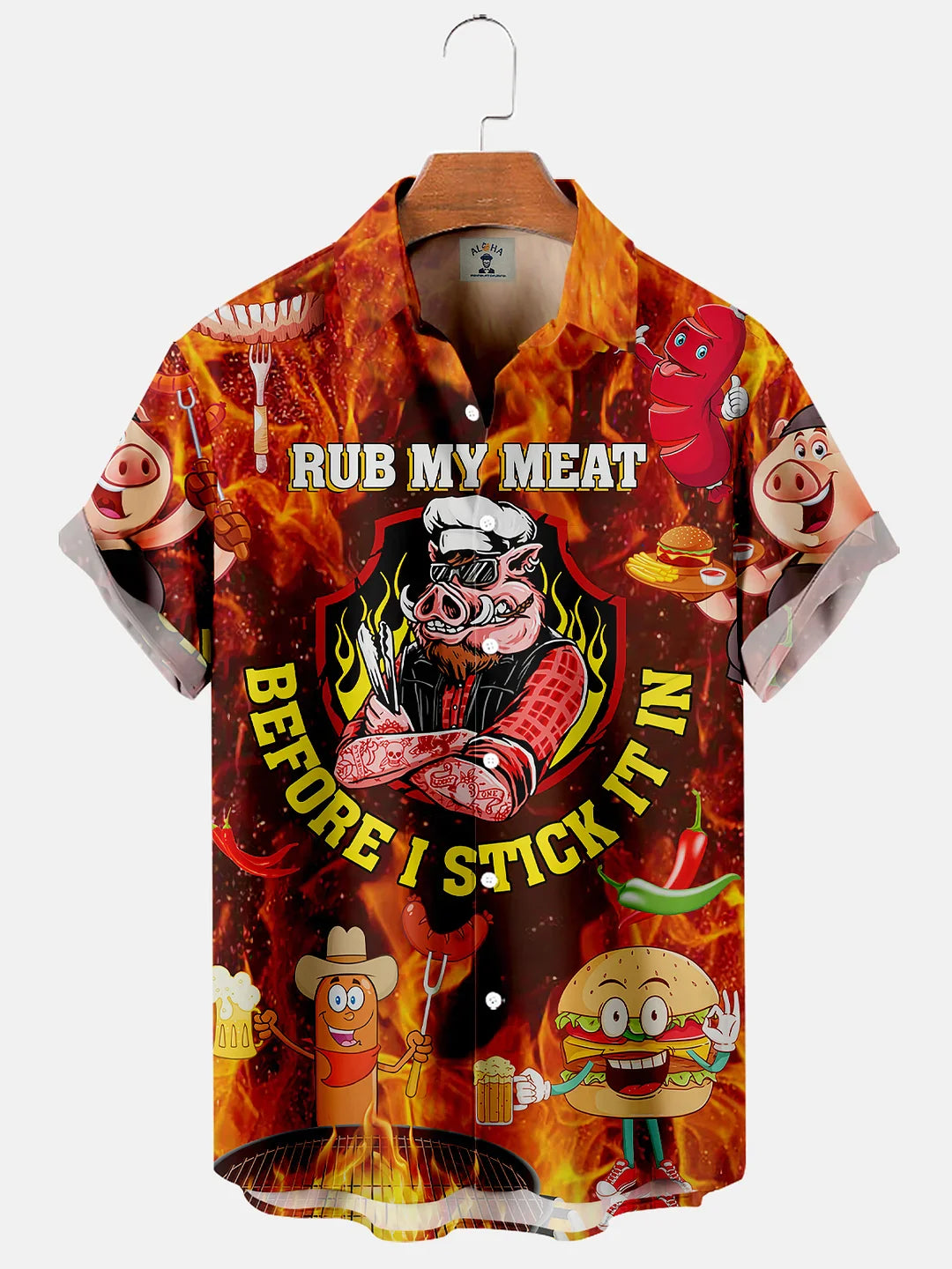 Men’S Hawaiian Rub My Meat Before I Stick It In Fun Flame Print Short Sleeve Shirt